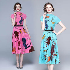 Chic Ethnic Style Printed Stand Collar Two-Piece Pleated Fashion Suit Set in Mesh Fabric