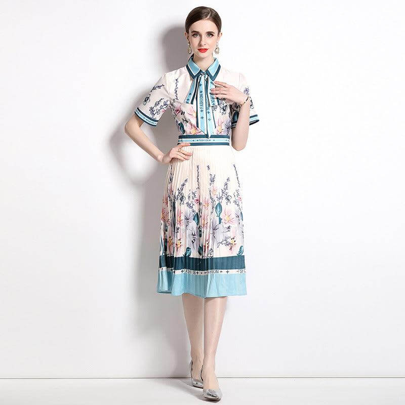 Chic Mid-Length Pleated Printed Dress with Belt and Short Sleeves