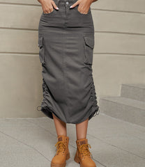 Drawstring Ruched Slit Denim Midi Skirt