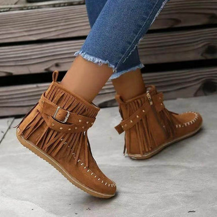 Retro Suede Ankle Boots With Tassel Rivet Flat Winter Wear brown suede ankle boots with side zipper, tassel rivet detail, flat anti-slip sole