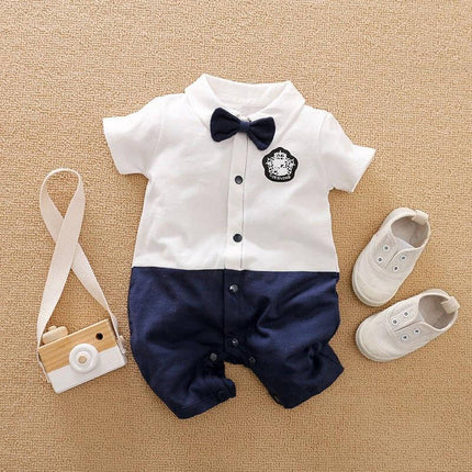 Soft Cotton Gentleman's Long-Sleeved Baby Romper for Daily Wear - white/navy gentleman-style cotton romper with bow tie and baby shoes
