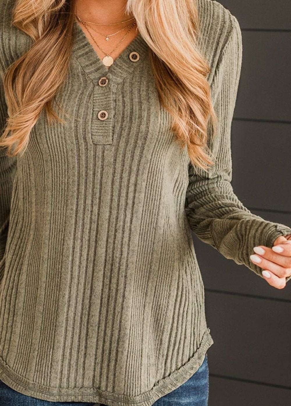 Ribbed Buttoned Long Sleeve Blouse