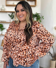 Printed Ruffle Trim Balloon Sleeve Blouse in Full Size