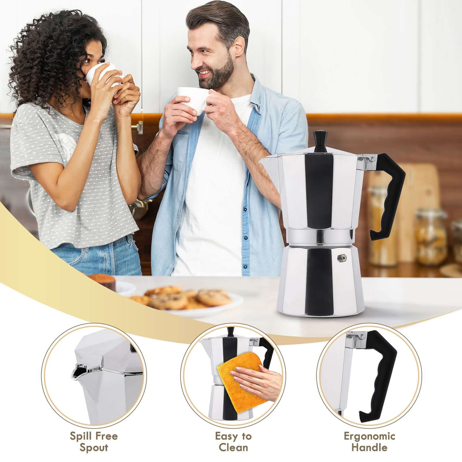 Couple enjoying coffee with RAINBEAN 3-Cup Stovetop Moka Pot Espresso Maker in stylish kitchen. Features spill-free spout, easy to clean, ergonomic handle.