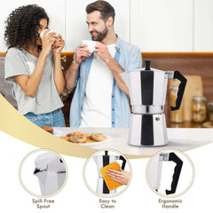 Couple enjoying coffee with RAINBEAN 3-Cup Stovetop Moka Pot Espresso Maker in stylish kitchen. Features spill-free spout, easy to clean, ergonomic handle.