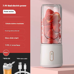 Rechargeable portable juice blender with low noise and 12-blade stainless steel, TYPE-C interface, one-click start, filled with strawberries.