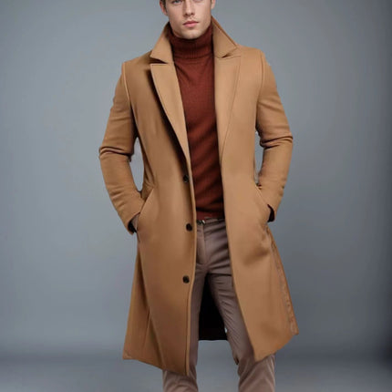 Men's Slim Fit Mid-Length Trench Coat for Fall and Winter - Camel wool coat on male model in turtleneck, slim tailored modern look