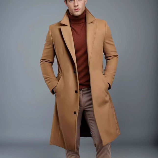 Men's Slim Fit Mid-Length Trench Coat for Fall and Winter in camel woolen fabric on model, slim tailored straight hem, urban commute and casual wear