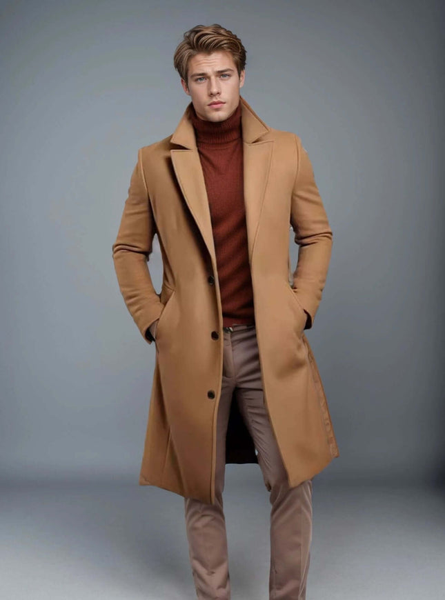 Men's Slim Fit Mid-Length Trench Coat for Fall and Winter in camel woolen fabric on model, slim tailored straight hem, urban commute and casual wear