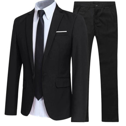 Classic Men's Slim Fit Three-Piece Suit for Formal Wear - Black slim-fit jacket, vest and trousers with white shirt and black tie for weddings and business