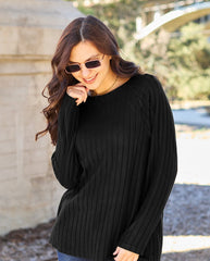 Basic Bae Full Size Ribbed Round Neck Long Sleeve Knit Top