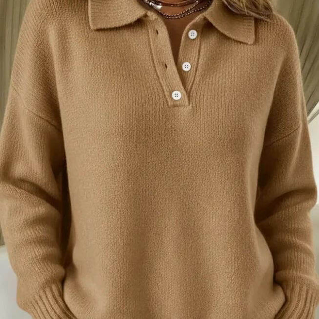 Women's Casual Retro Plaid Contrast Sweater for Everyday Outings - tan casual knit sweater with collar and button placket shown styled with necklaces