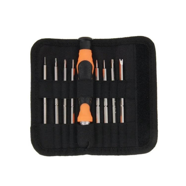 9 In 1 2 Way Design Screwdriver Set For Electronics Repair compact magnetized precision driver with 16 bits in black orange roll-up case