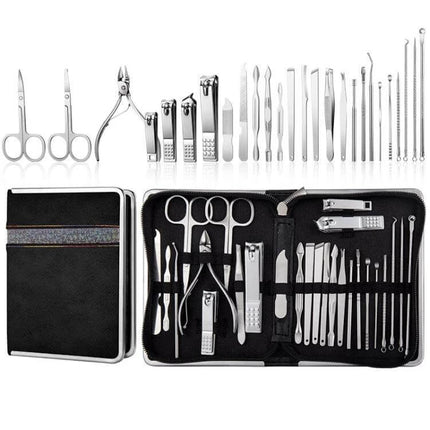 9 In 1 Nail Clipper Set, Stainless Steel Manicure Tools in PU leather case showing 9-piece layout with scissors, clippers, tweezers and cuticle tools