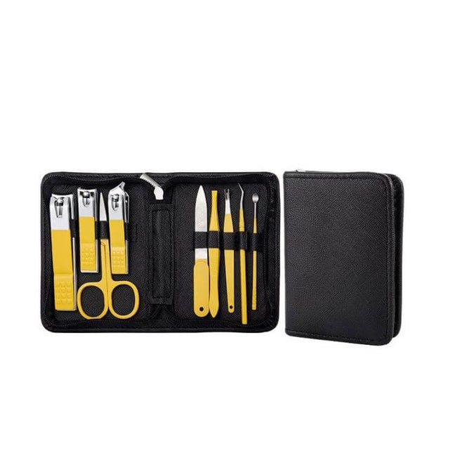 9 In 1 Nail Clipper Set, Stainless Steel Manicure Tools compact PU leather case with yellow stainless tools organized in fixed card slots