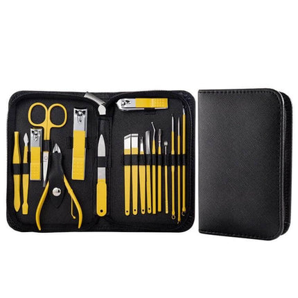 9 In 1 Nail Clipper Set, Stainless Steel Manicure Tools in black PU case with yellow-handled clippers, scissors, cuticle tools and tweezers