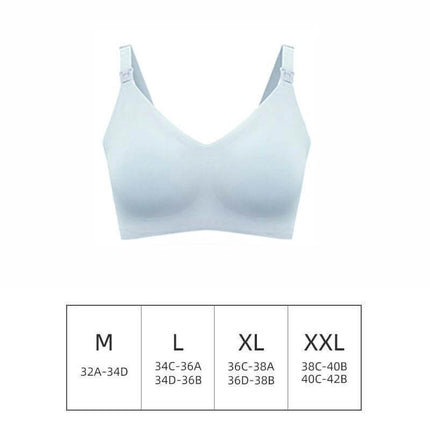 Women's Simple Glossy Seamless Maternity Bra for Daily Wear in light blue, nylon seamless design with fixed double-shoulder straps and size chart