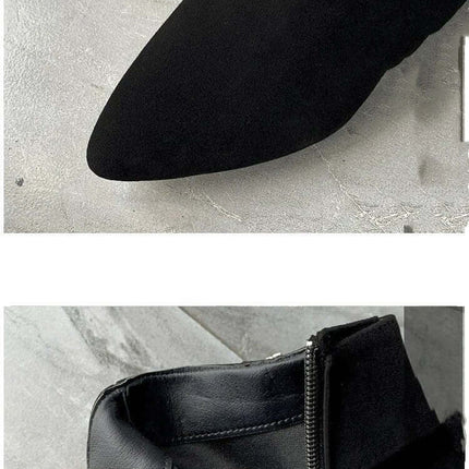 Women's Suede Pointed Martin Boots With Thick Heel black suede pointed toe and side zipper, low shaft office and city wear