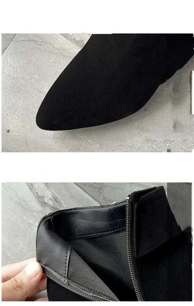 Women's Suede Pointed Martin Boots With Thick Heel black suede pointed toe and side zipper, low shaft office and city wear