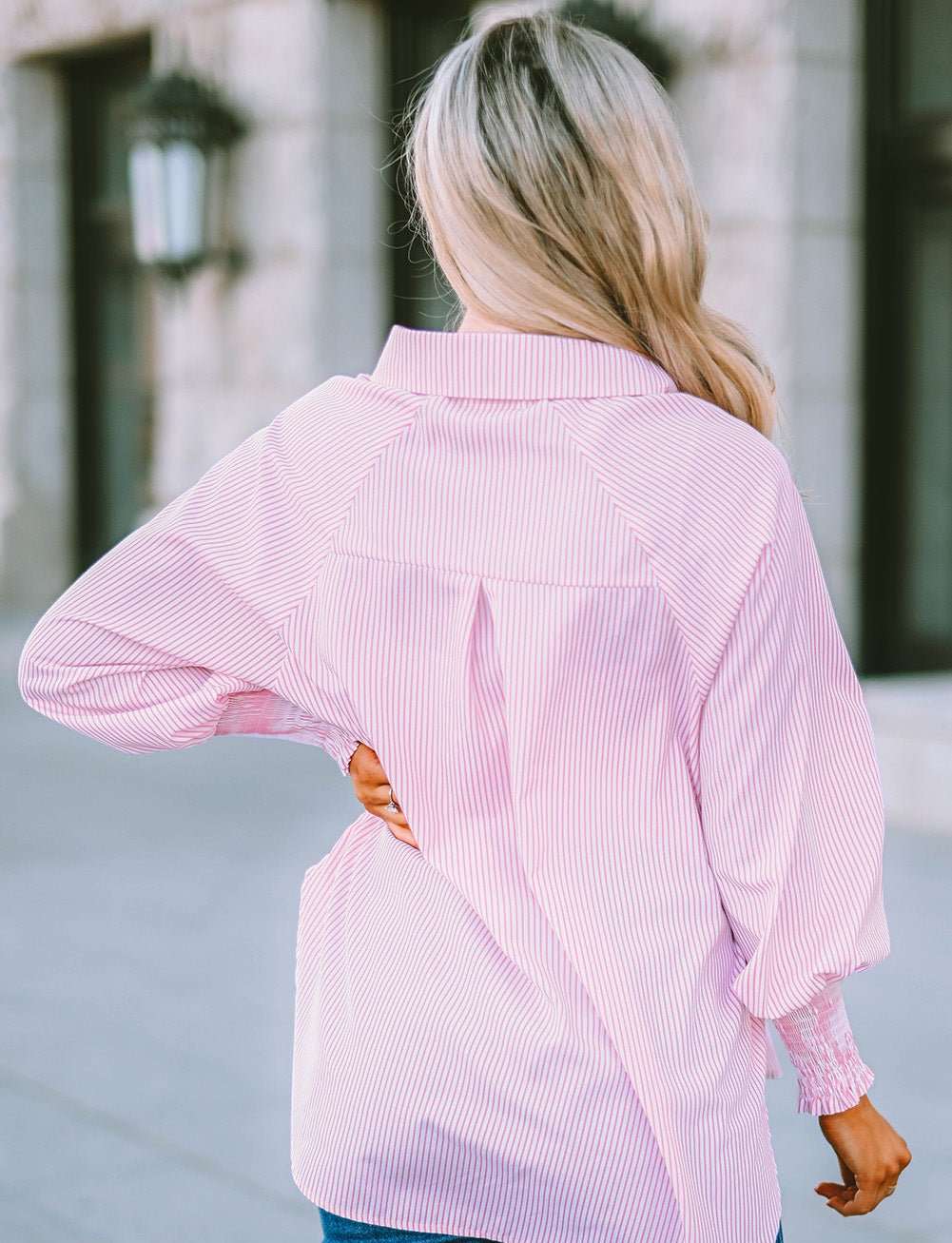 Striped Lantern Sleeve Collared Shirt