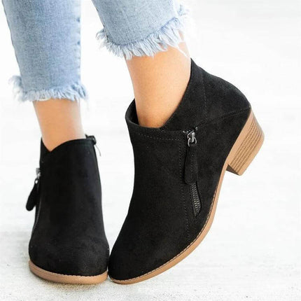 Suede Ankle Boots With Wedge Heel And Waterproof Platform in black suede with side zipper, rounded toe and slip-resistant rubber sole