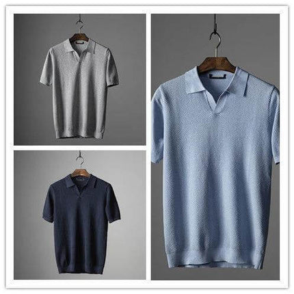 Men's Cotton V-Neck Short Sleeve Lapel Top for Everyday Wear - solid blue, navy and grey breathable cotton casual shirts