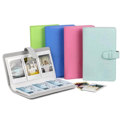 96 Photo PU Leather Album For Polaroid 3 Inch Prints in pastel colors with open pages showing Polaroid 3‑inch prints and storage for 96 photos