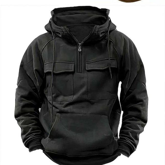 Men's Casual Zip-Up Hoodie with Drawstring and Pockets in black polyester, zip front, drawstring hood and pockets, sizes M-XXXL