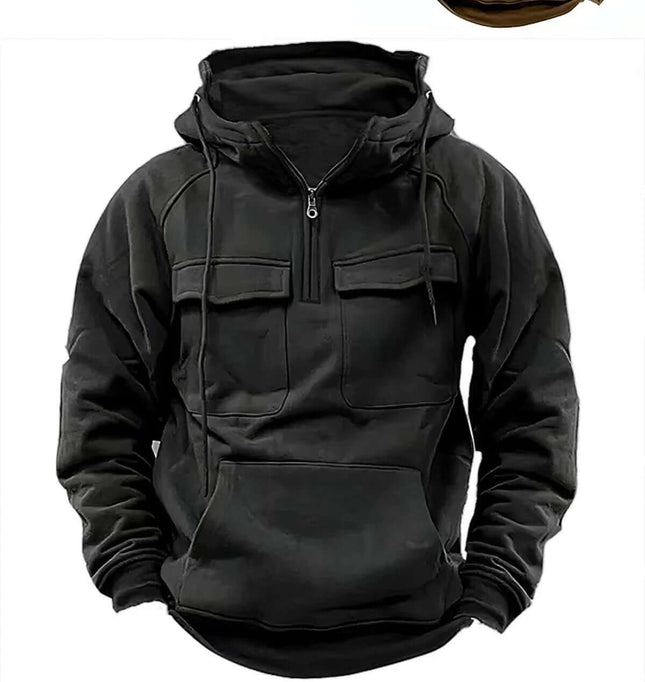 Men's Casual Zip-Up Hoodie with Drawstring and Pockets in black polyester, zip front, drawstring hood and pockets, sizes M-XXXL
