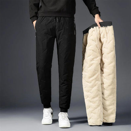 Men's Comfortable Padded Cotton Blend Trousers for Daily Use - Black middle waist padded trousers with warm fleece lining