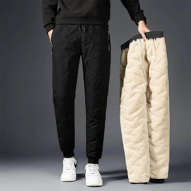 Men's Comfortable Padded Cotton Blend Trousers for Daily Use - black padded trousers with fleece lining for cool weather, straight fit, middle waist