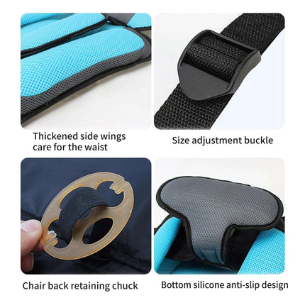 Portable Infant Safety Seat for Babies and Toddlers in Cars showing detachable back, size-adjustment buckle, anti-slip base and padded side wings