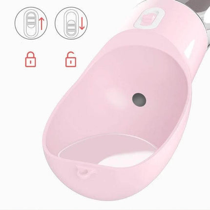 Portable Dog Water Bottle With Food Compartment For Travel pink bottle showing top water cup and lock icons