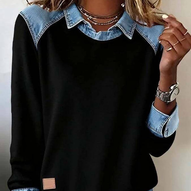 Women's Long Sleeve Denim Collar Patchwork Knitwear Top in black with denim collar and cuff for casual street-style layering