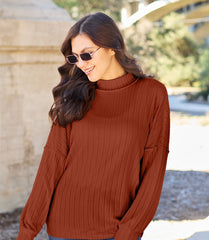 Basic Bae Full Size Ribbed Exposed Seam Mock Neck Knit Top