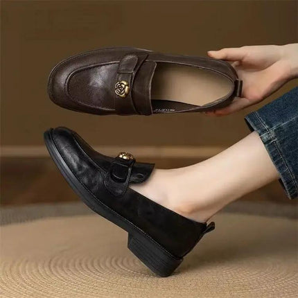Camellia Leather Loafers For Women, Vintage British Slip-On
