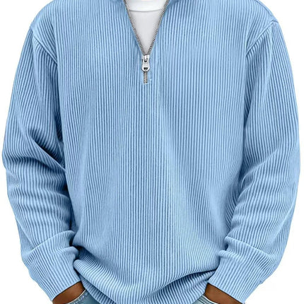 Men's Corduroy Zipper Stand Collar Long Sleeve Sweatshirt in sky blue with half zipper and ribbed corduroy texture, casual layering option
