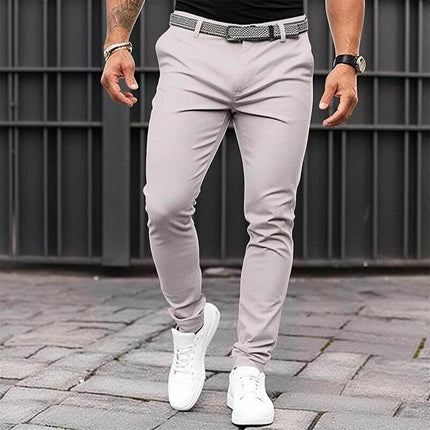 Men's Slim Fit Business Casual Trousers With Zipper Pocket In Black Khaki - Model Wearing Khaki Slim Fit Trousers With Concealed Zipper Pocket