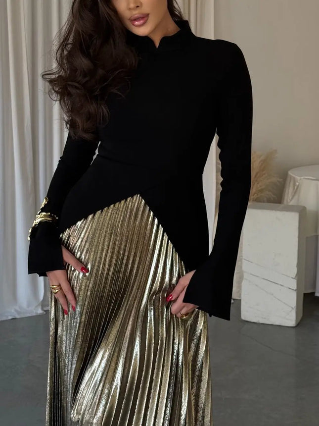 Black Bell Sleeve Top And Pleated Skirt Set For Daily Wear