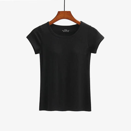 Women's Comfortable Short-Sleeved T-Shirt with Built-in Chest Pad black viscose tee on hanger, breathable casual summer top