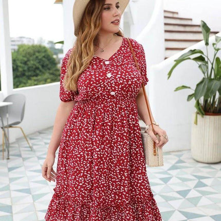 Women's Plus Size Floral Cotton Sun Dress in Rouge Color on model with straw hat and crossbody bag, breathable casual summer outfit