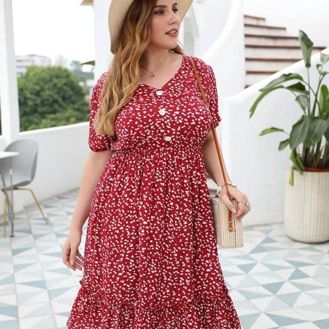 Women's Plus Size Floral Cotton Sun Dress in Rouge Color on model with straw hat and crossbody bag, breathable casual summer outfit