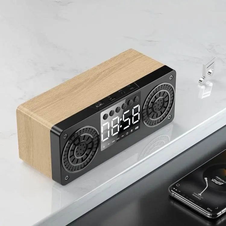 A10 Subwoofer Wooden Clock Bluetooth 5.0 Speaker, Support TF Card & U Disk Play & FM Radio