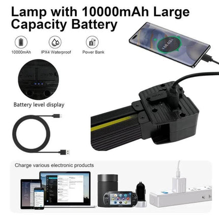 A55 LED Folding Work Light for Home and Workshop Use showing 10000mAh battery, charging phone, battery level display and USB power bank function