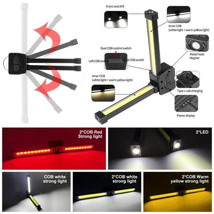 A55 LED Folding Work Light for Home and Workshop Use showing foldable COB and XPE LEDs, adjustable brightness, magnet, hook, and USB charging