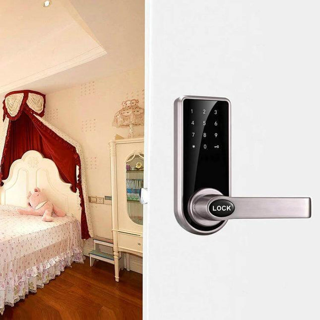 Zinc Alloy Electronic Door Lock with Touch Screen Access installed on a bedroom door, showing capacitive keypad and handle