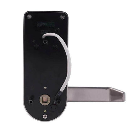 Zinc Alloy Electronic Door Lock with Touch Screen Access showing backplate wiring and lever handle in zinc alloy