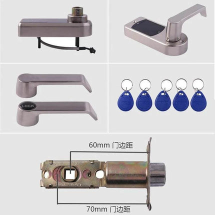 Zinc Alloy Electronic Door Lock with Touch Screen Access showing zinc alloy handles, capacitive touch panel, proximity key fobs and latch dimensions