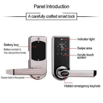 Zinc Alloy Electronic Door Lock with Touch Screen Access showing front and back panels, touch screen, swipe area, indicator light, and hidden keyhole