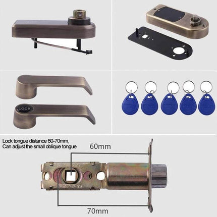 Electronic Door Lock with Password and Sensor Card Access showing handles, latch, keypad unit and five blue proximity sensor cards